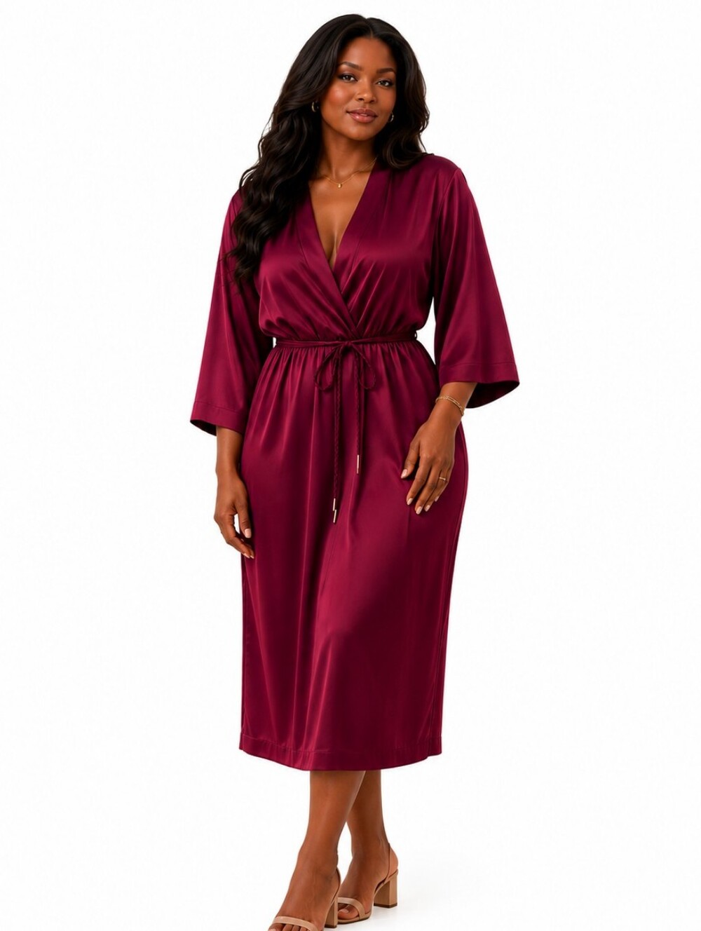 JC Penney Vintage Burgundy Wrap Dress with Rope Belt & Kimono Sleeves, Size 16